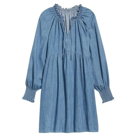 Puff Sleeve Jean Denim Mini Poet Swing Dress XL - Picture 5 of 5